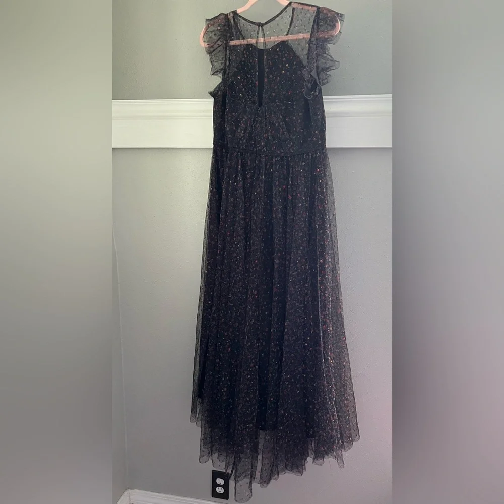 MELLODAY Flutter Sleeve Mesh Maxi Dress In Black Dot Floral New - Picture 6 of 13